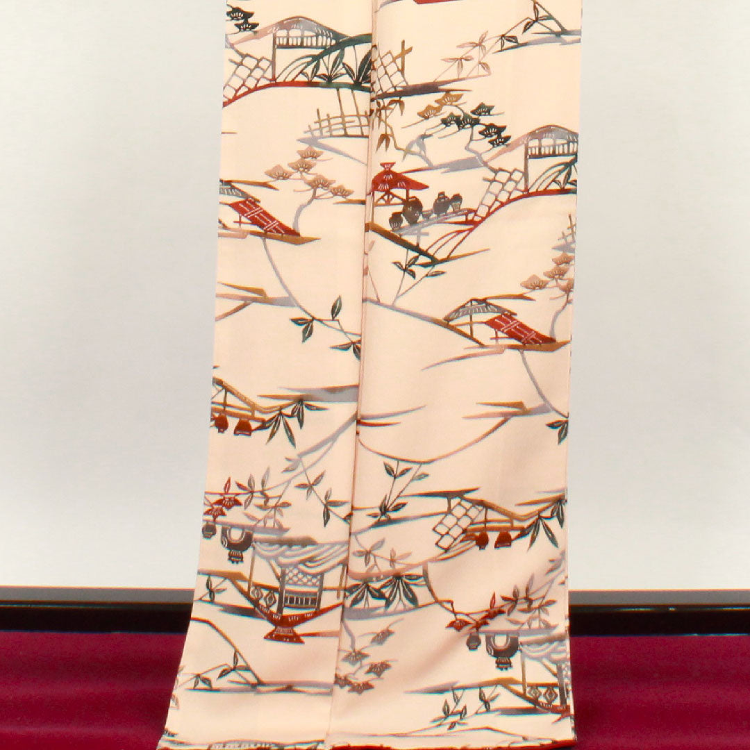 Komon, Length 165.5cm, Sleeve length 66cm, Awase, Washed persimmon color, Stencil dyeing, Landscape pattern, Pure silk, A rank, Pink 1115002093513