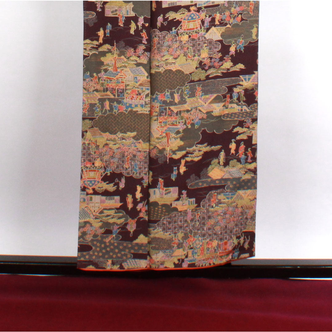 小紋 身丈153.5cm 裄丈65cm 袷  紫烏色 時代人物風景模様  正絹 Sランク 紫系 1115002322220