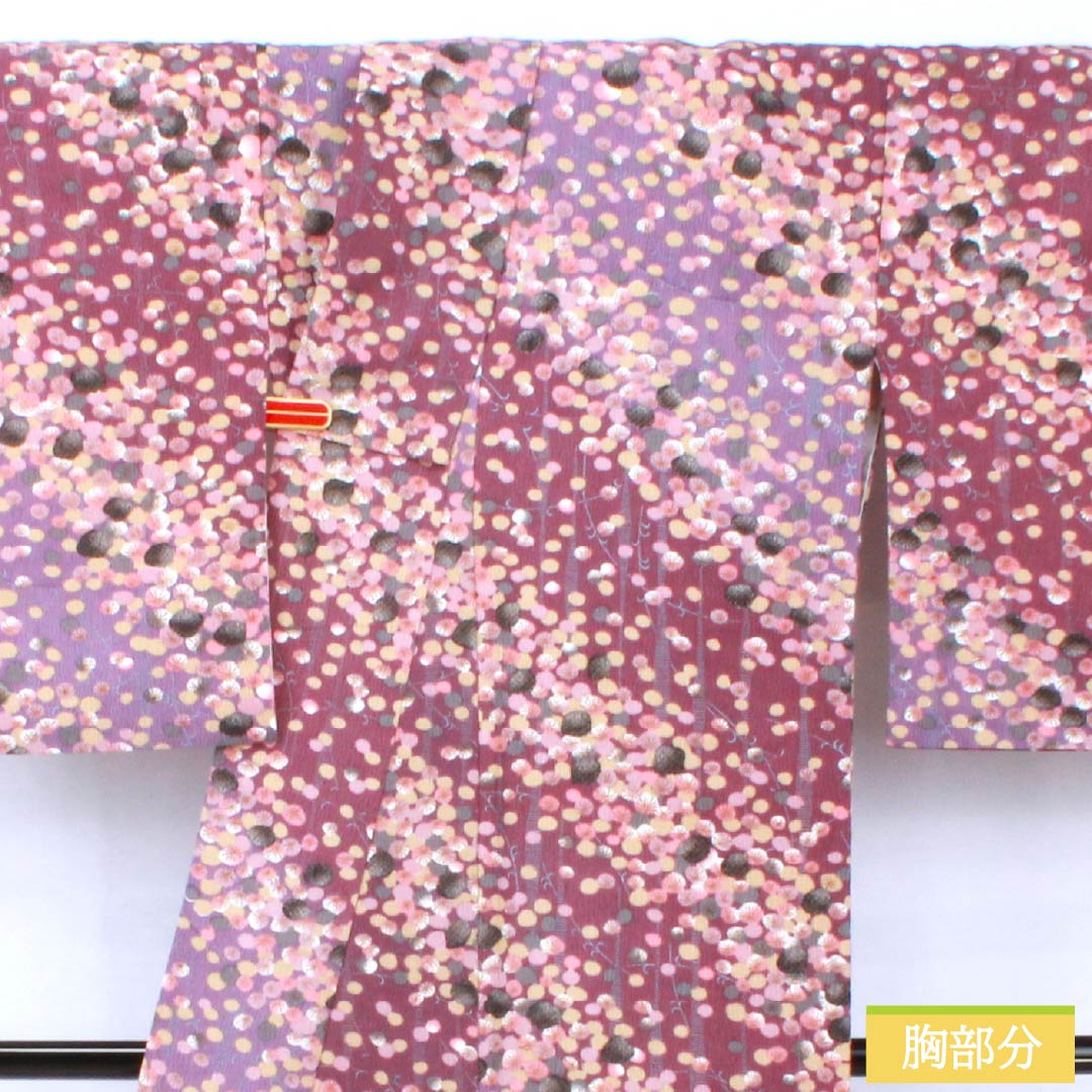 小紋 ポリエステル 身丈161.5cm 裄丈66cm 袷 蒲萄色（えびいろ） 古代紫色（こだいむらさきいろ） 型染 抽象柄 洗える着物 Aランク 紫系 1115005543420