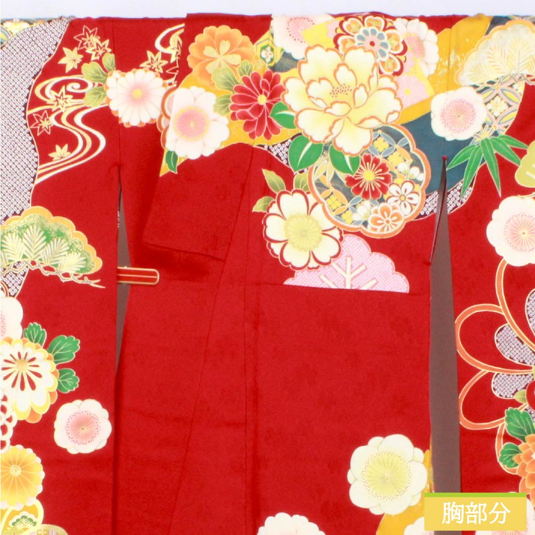 振袖 正絹 Sランク 身丈170.5cm 裄丈67.5cm 袷 真紅色（しんくいろ） 京友禅 吉祥文様 松竹梅 菊 ECOガード加工 赤系 1113002602612
