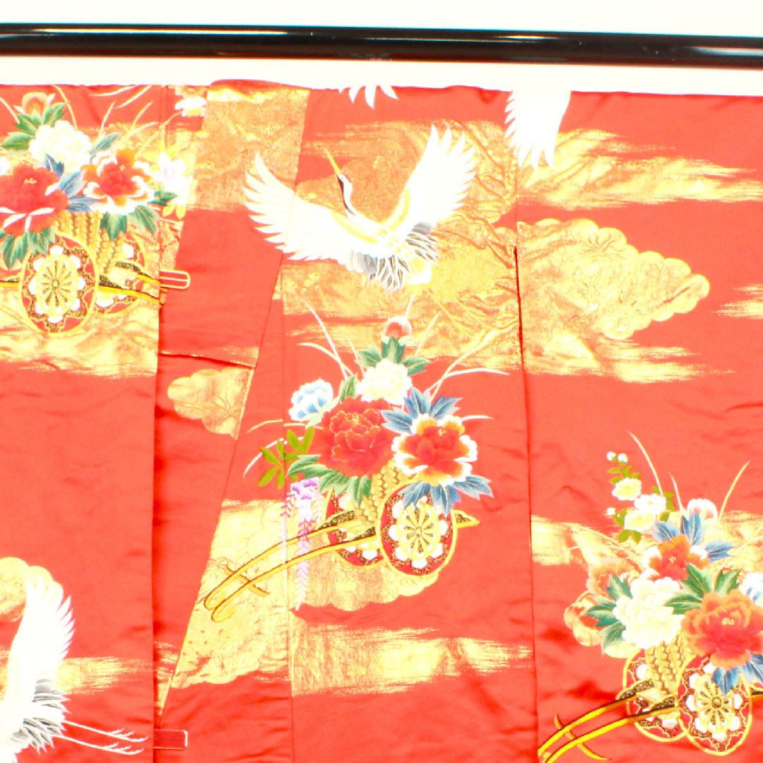 色打掛 身丈185cm  緋色 刺繡 花車 鶴 正絹 Bランク 袷 朱系 1110000264916