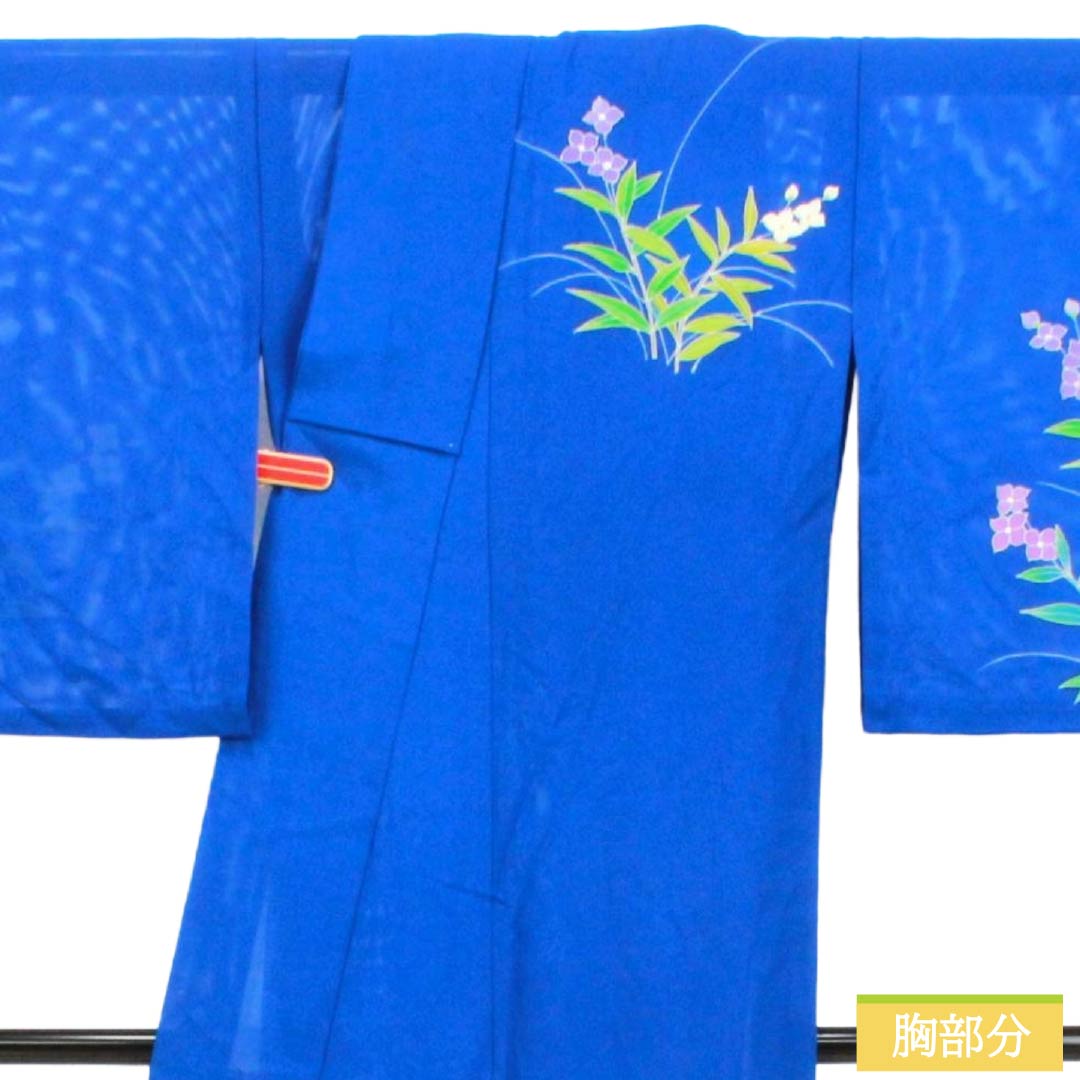 Summer Silk Homongi A-Rank, Length 157.5cm, Sleeve-to-Sleeve 64cm, Lapis Lazuli, Tsukesage, Floral Pattern, Kyo-Yuzen, Ro, Blue, 1132003753317