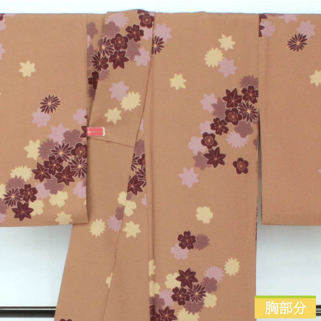 Small pattern, polyester, length 164.5cm, sleeve length 66.5cm, lined, hunting tiger brown (rakko brown), fukiyose, washable kimono, S rank, brown, 1115005802414