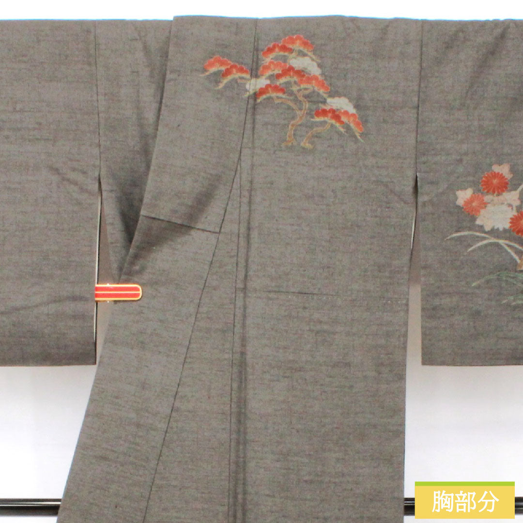 訪問着 正絹 袷 身丈160.5cm 裄丈63.5cm 熨斗目色（のしめいろ） 紬地 草花模様 Sランク グレー系 1112005442422