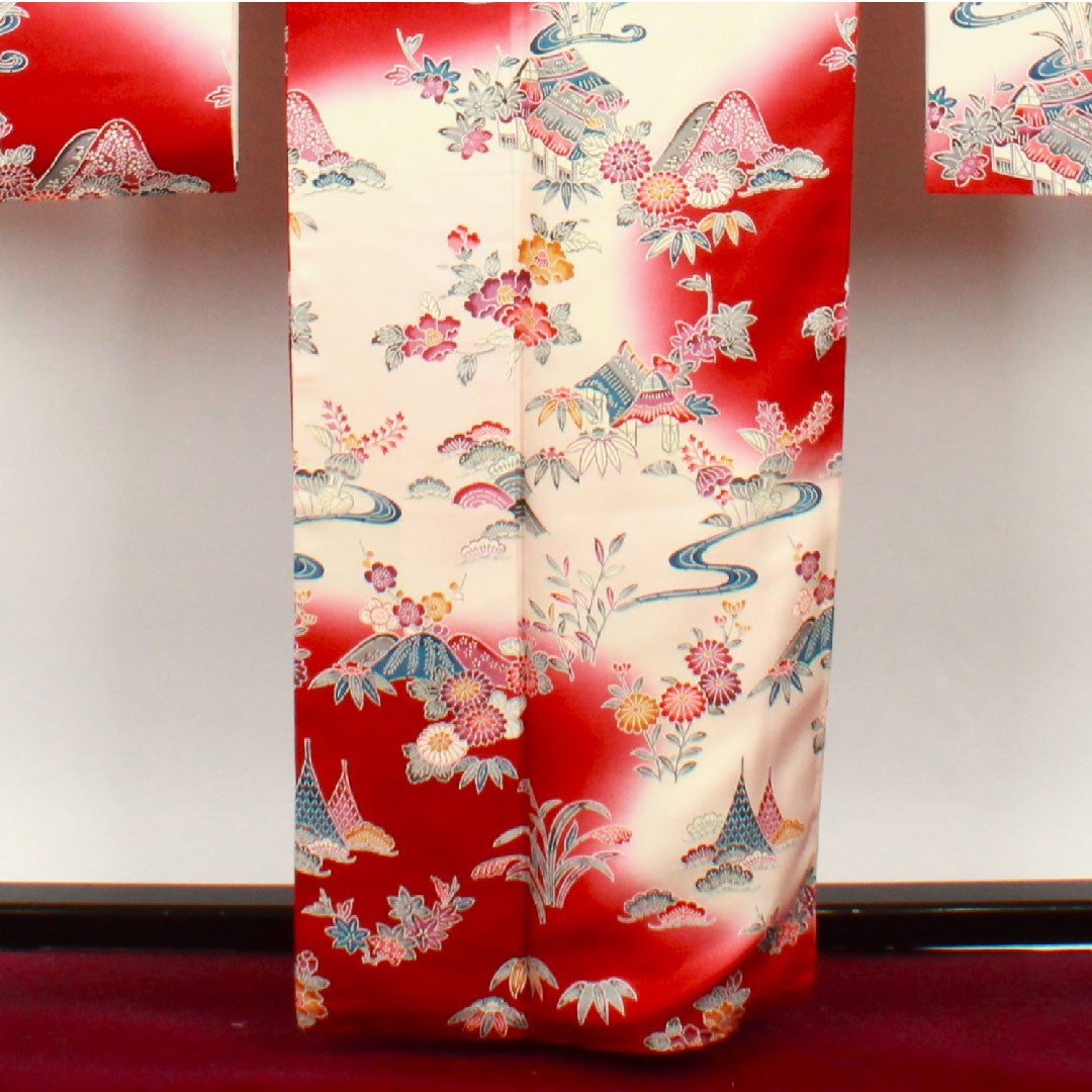 振袖 身丈161.5cm 裄丈64cm 袷  葡萄茶色 薄桜色 型染 茶屋辻 松竹梅  正絹 Aランク 赤系 1113000913412