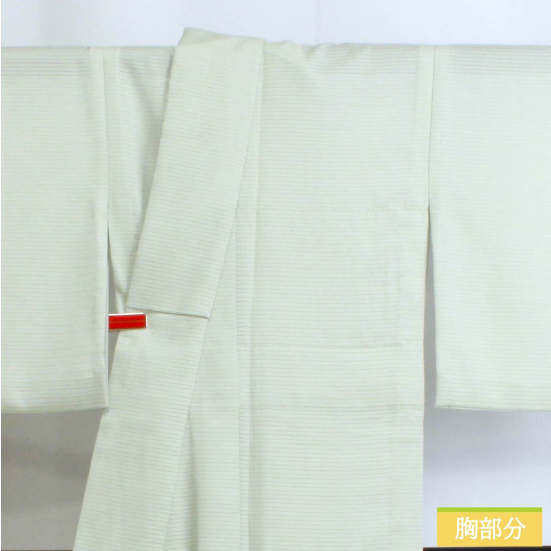 夏物 ポリエステル 色無地 Aランク 身丈163cm 裄丈66cm 青白磁色（せいはくじいろ） 一つ紋 五三桐 洗える着物 絽 緑系 1132002903419