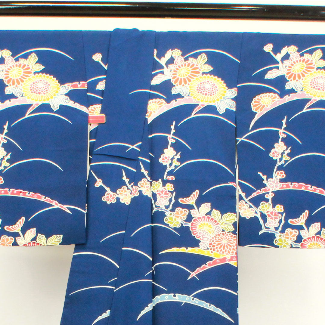 小紋 身丈156.5cm 裄丈62cm 袷  紺藍色 京紅型 菊 露芝  正絹 Sランク 紺系 1115003382318