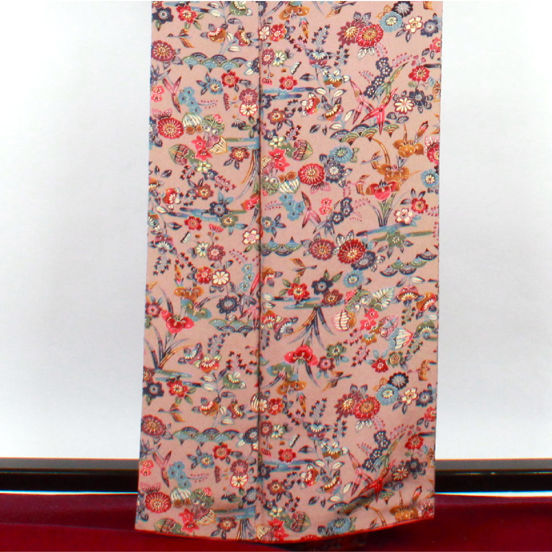小紋 身丈159.5cm 裄丈64.5cm 袷  銀煤竹色 型染 草花模様  正絹 Sランク 朱系 1115002212316