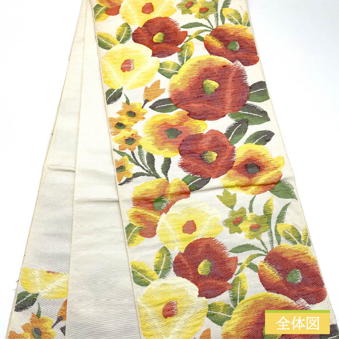 Nagoya Obi, Pure Silk, S-Rank, Floral Pattern, Length: 350cm, Six-Ply, Casual, White, 1124010702311, Open-Wear