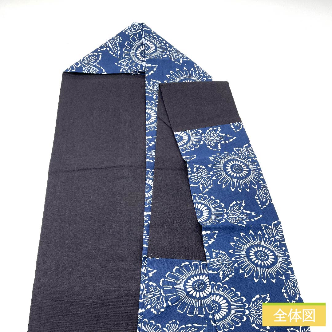 Nagoya obi, pure silk, navy blue, stencil dyeing, floral pattern, obi length 349cm, S rank, six-pass, casual, navy blue, 1124006272318, Nagoya tailoring