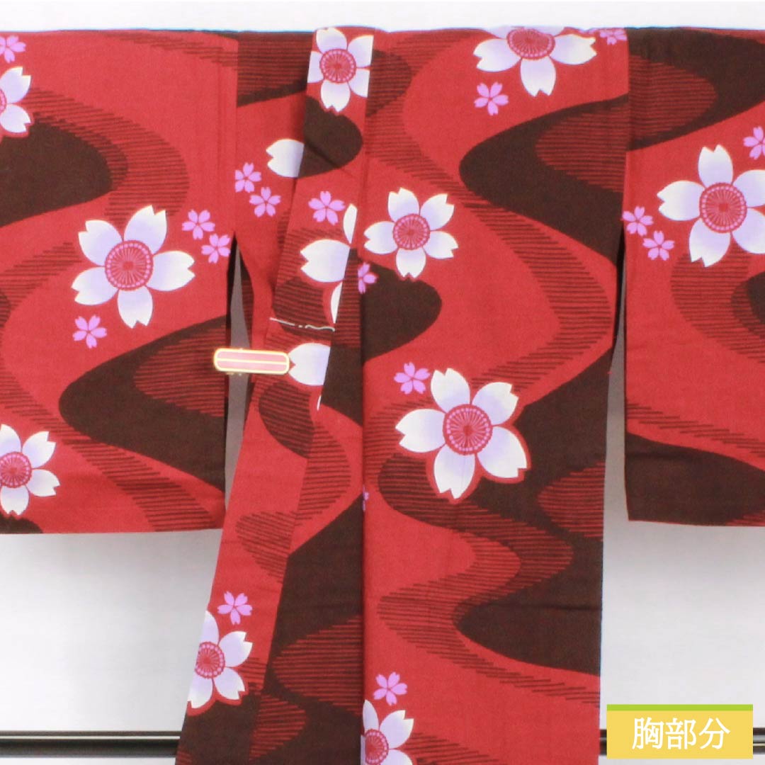 浴衣 木綿 身丈164cm 裄丈65cm Sランク 単衣 赤系 真紅色（しんくいろ） 流水 桜 1118005292412