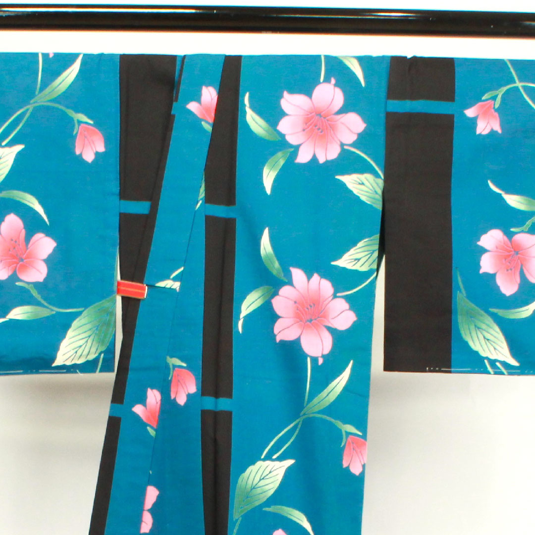 浴衣 納戸色 百合 木綿 Aランク 単衣 身丈162.5cm 裄丈65.5cm 青系 1118003563417