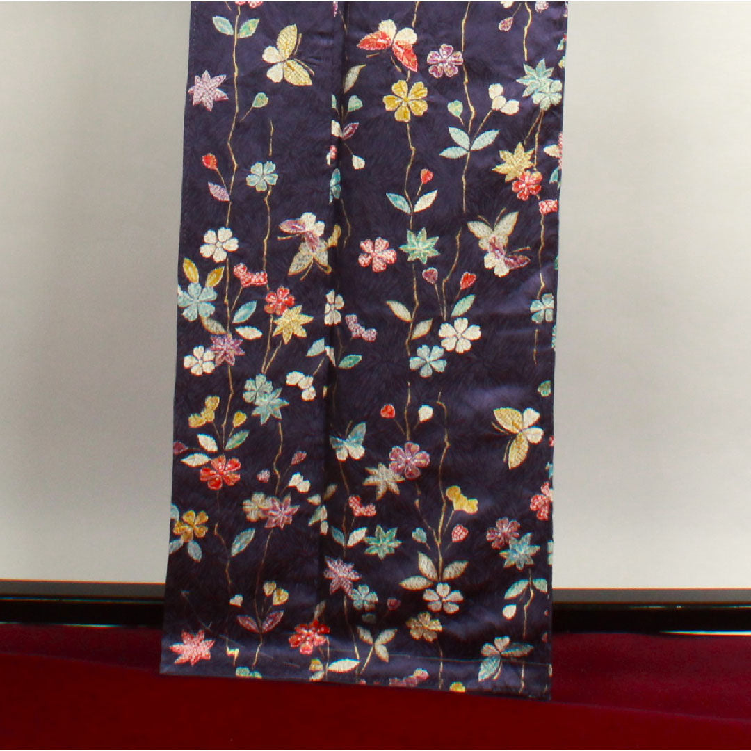 小紋 身丈164.5cm 裄丈65cm 袷  江戸紫色 絞り 花模様  正絹 Sランク 紫系 1115002332420