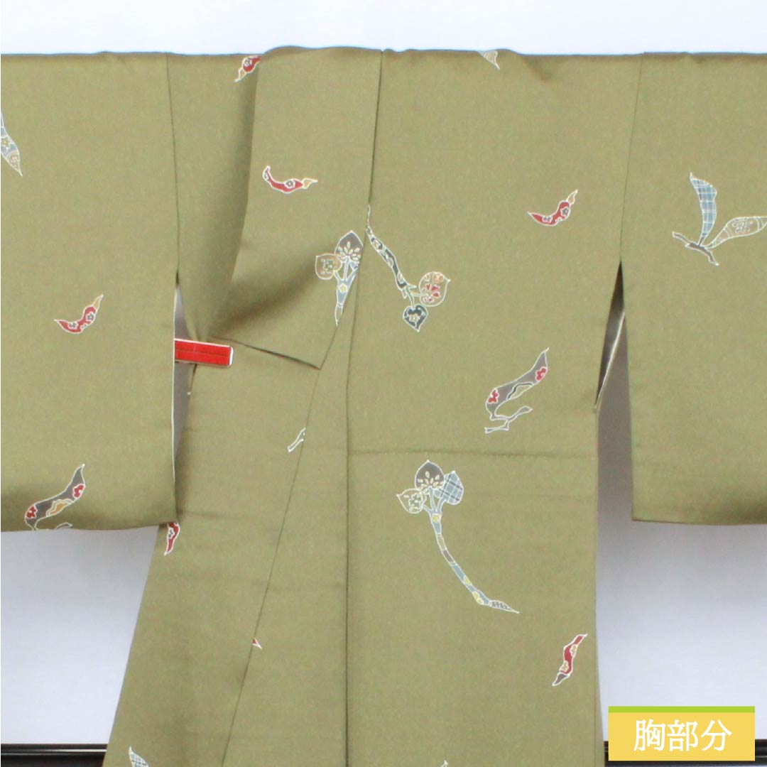 小紋 正絹 Aランク 身丈155cm 裄丈68cm 袷 利休生壁色（りきゅうなまかべいろ） 京野菜 緑系 1115007063319
