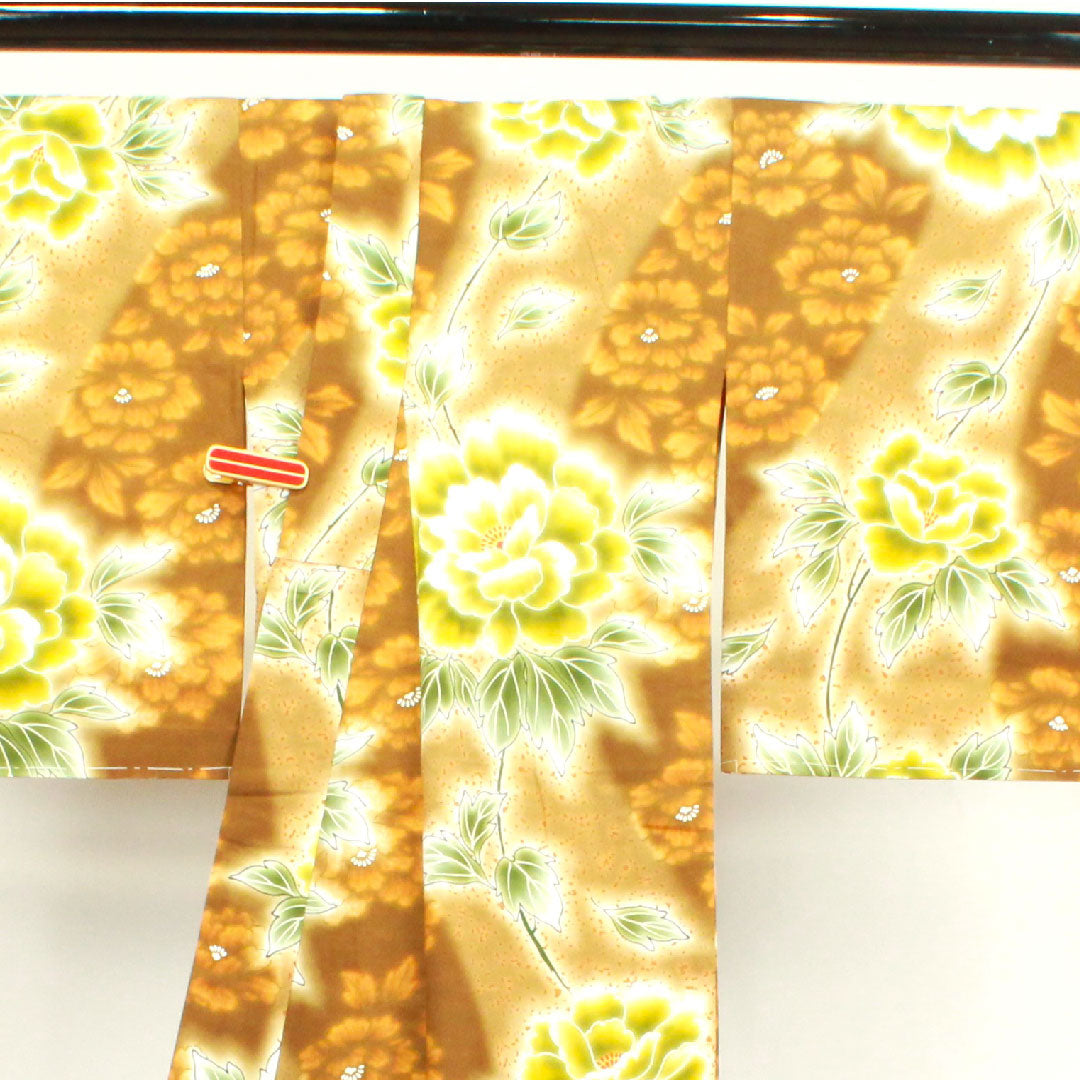 Yukata with basting thread, unused, chestnut color, peony, cotton, S rank, single layer, length 158.5cm, sleeve length 63.5cm, brown, 1118002702314
