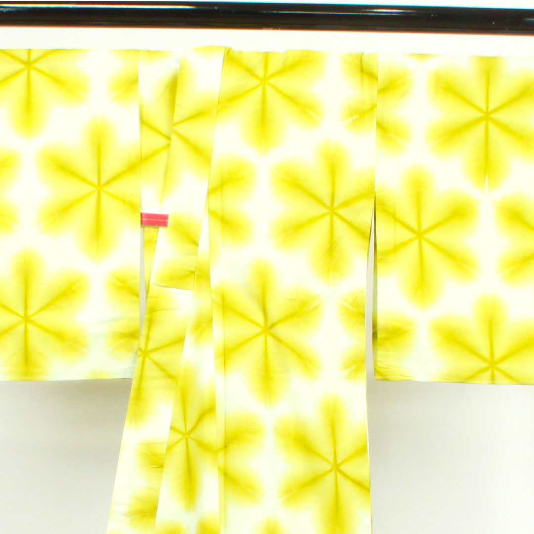 (New, unused item) Yukata, Yukihana-shibori, with basting thread, unused item, Habu-iro, Asanoha, Board-jime-shibori, Cotton, NEW rank, Single layer, Length 162cm, Sleeve length 65.5cm, Yellow, 1118003911423