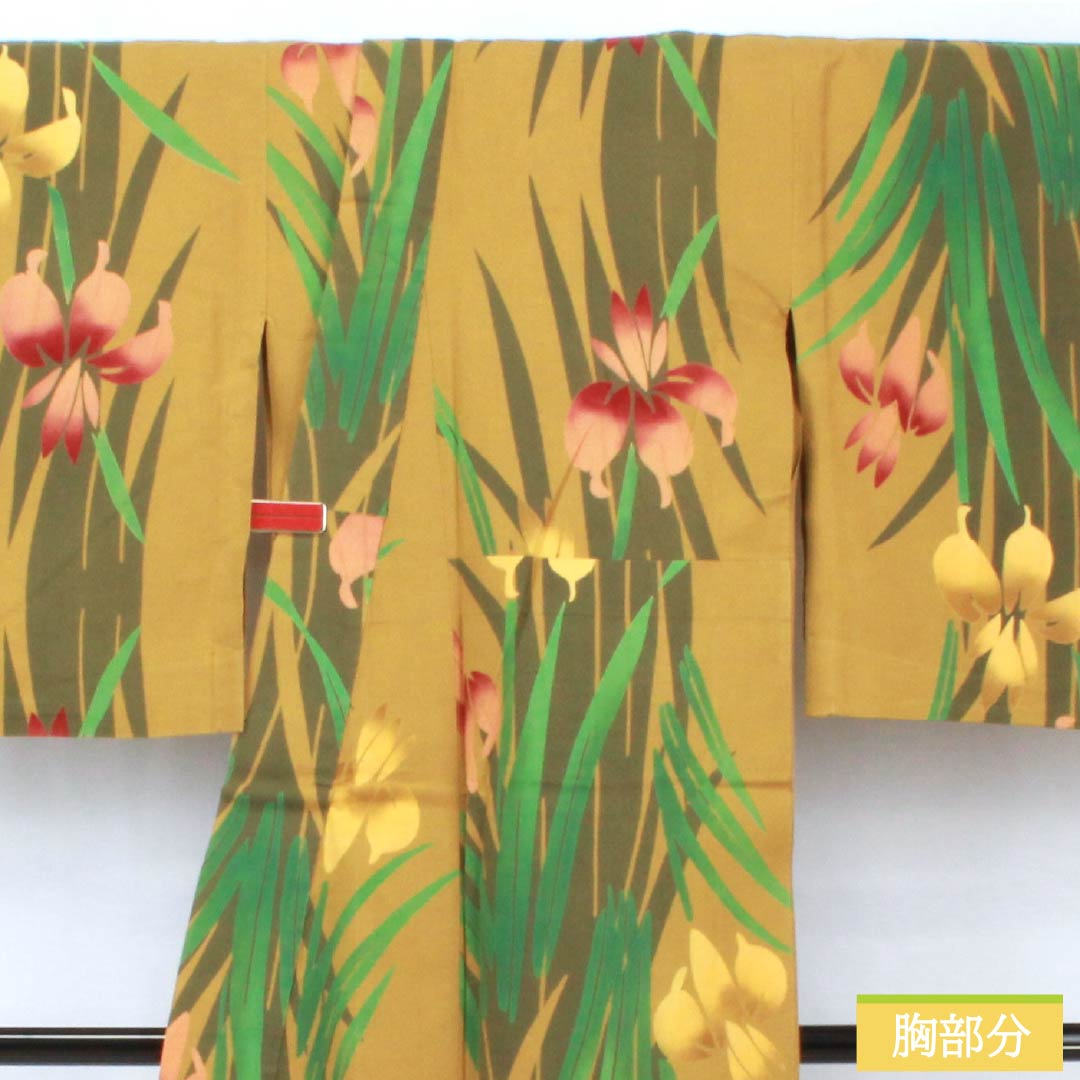Cotton Yukata, Length 153.5cm, Sleeve Length 67cm, Rank A, Single Layer, Yellow, Magnolia, Iris Design, Product Number: 1118005803223