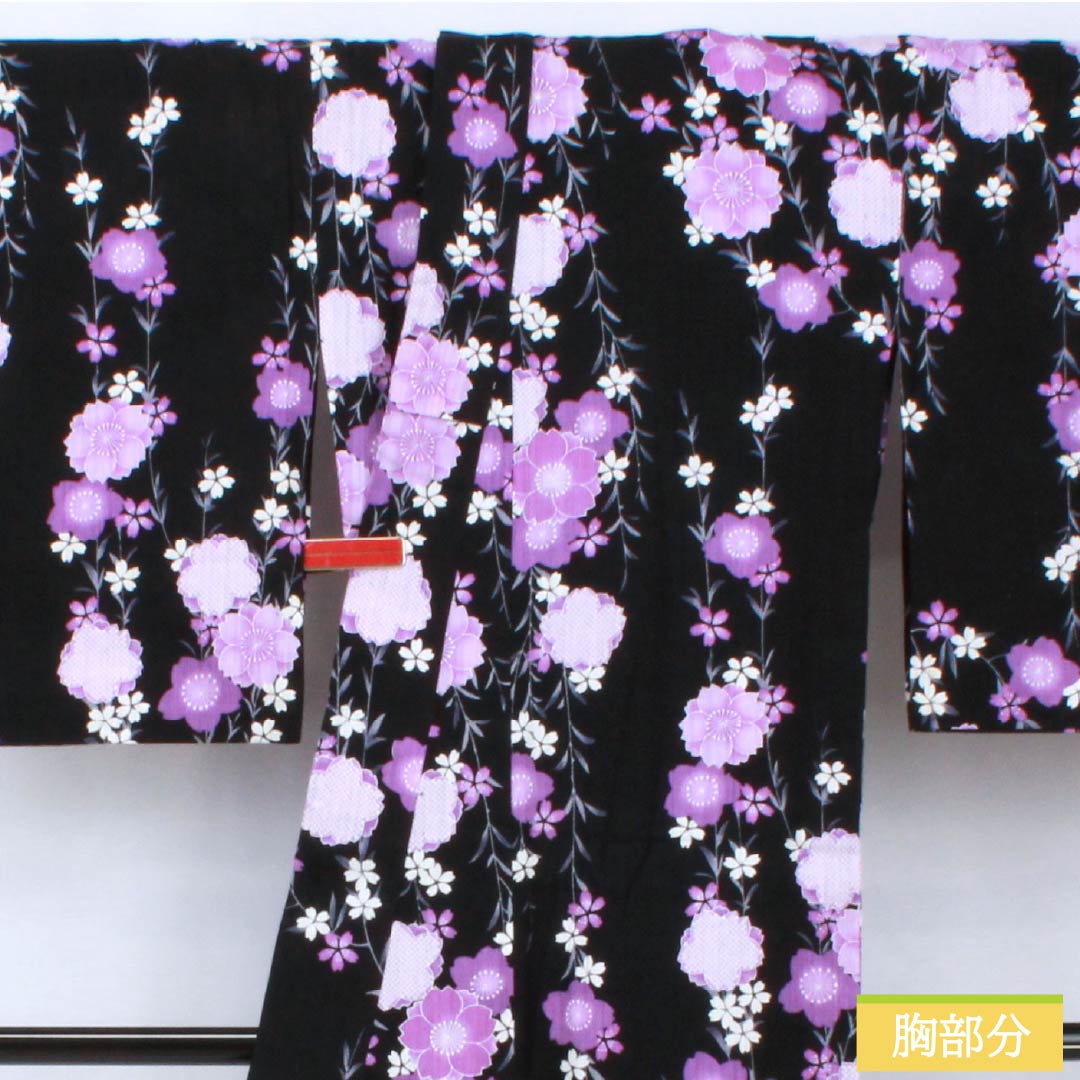 Cotton-linen Yukata, Length 165cm, Sleeve Length 69cm, Rank A, Single-Layer, Black, Weeping Cherry Blossom Pattern, Cotton-linen, 1118006043510
