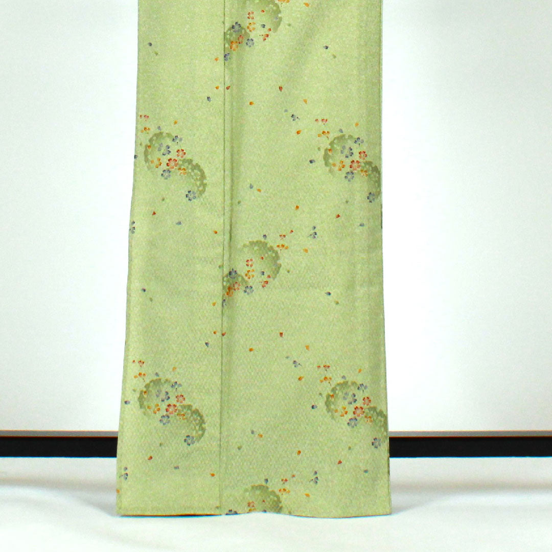小紋 身丈166.5cm 裄丈69cm 単衣  桜 雪輪 洗える着物  ポリ Sランク 緑系 1115000792419