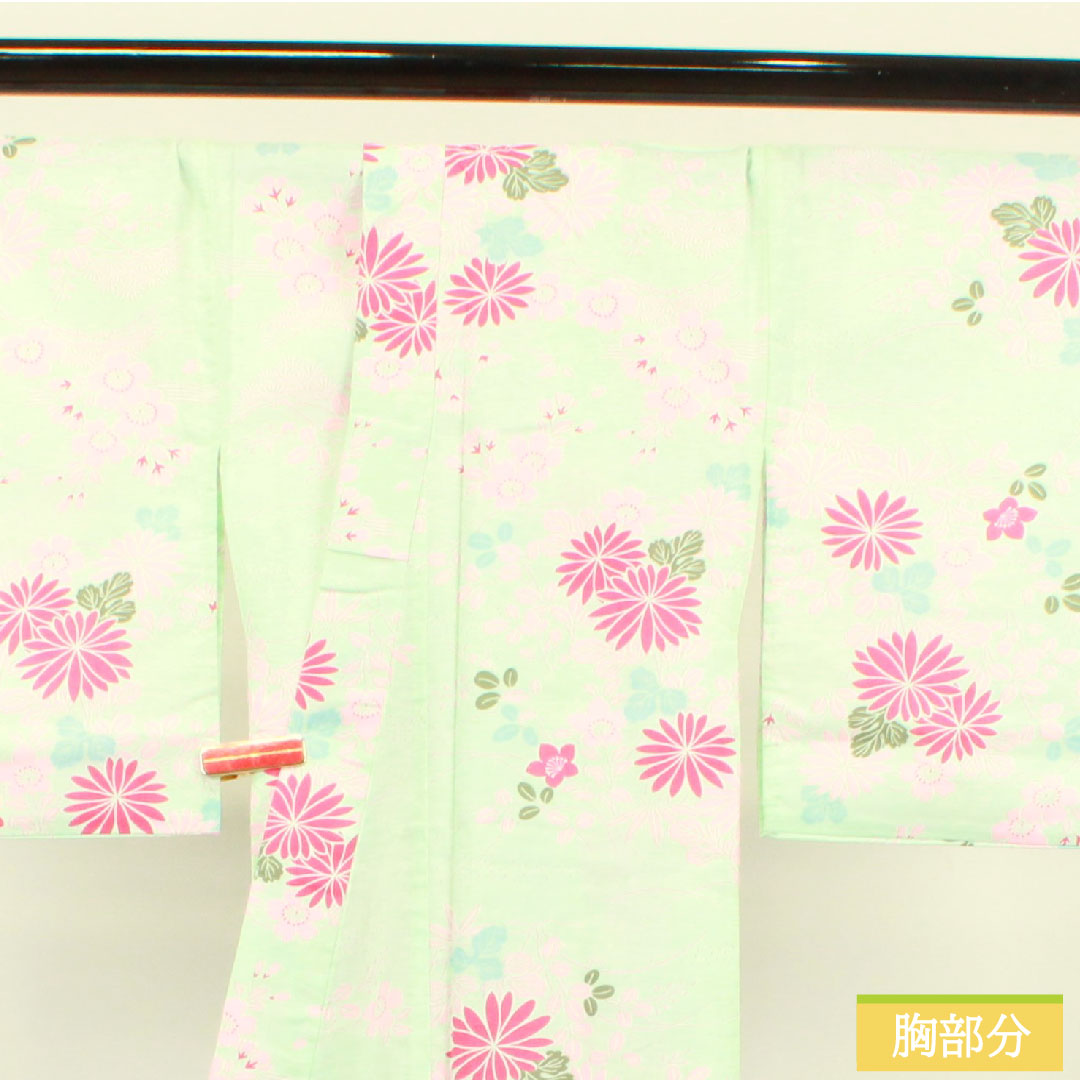 Yukata Cotton Length 168.5cm Sleeve length 64cm S rank Single layer Greenish white-green Chrysanthemum Cherry blossom Bush clover 1118004682519