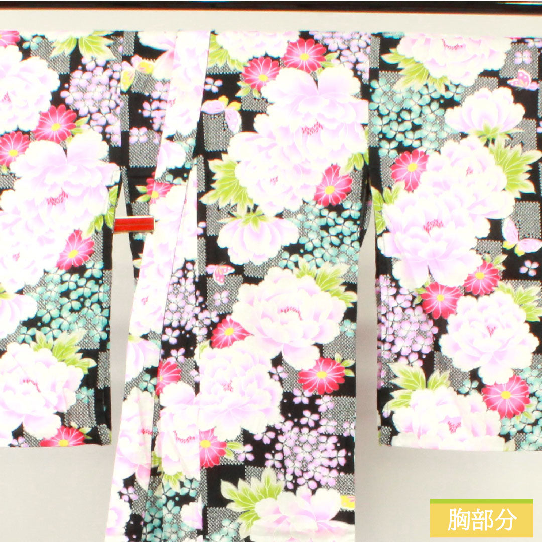 Yukata Cotton Length 138.5cm Sleeve length 61.5cm S rank Single layer Black Peony Hydrangea Butterfly Checkered 1118005122110