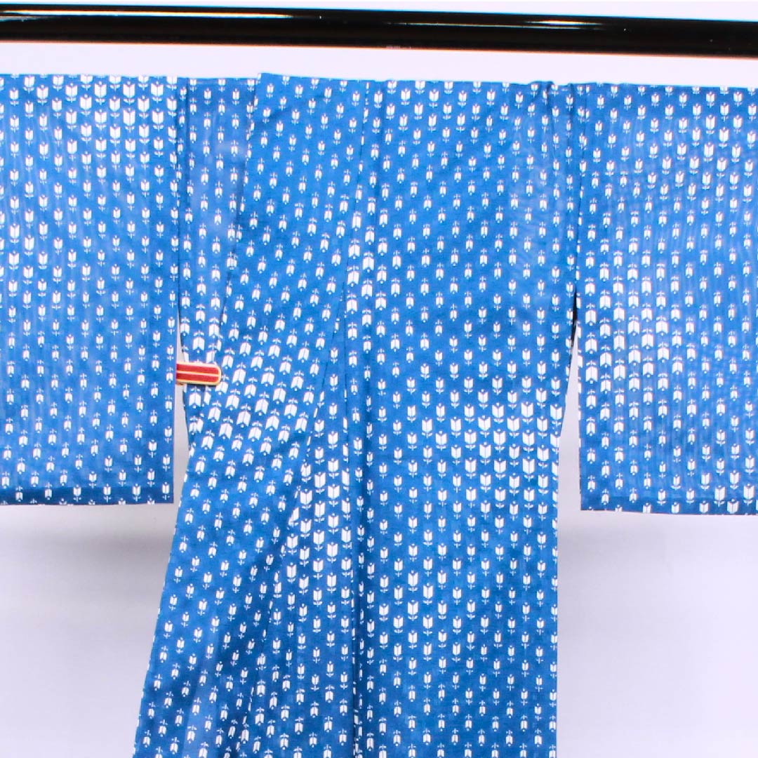 夏物 ポリエステル 小紋 身丈151cm 裄丈62.5cm 碧琉璃色（へきるりいろ） チューリップ 絽 Bランク 青系 1132000304217