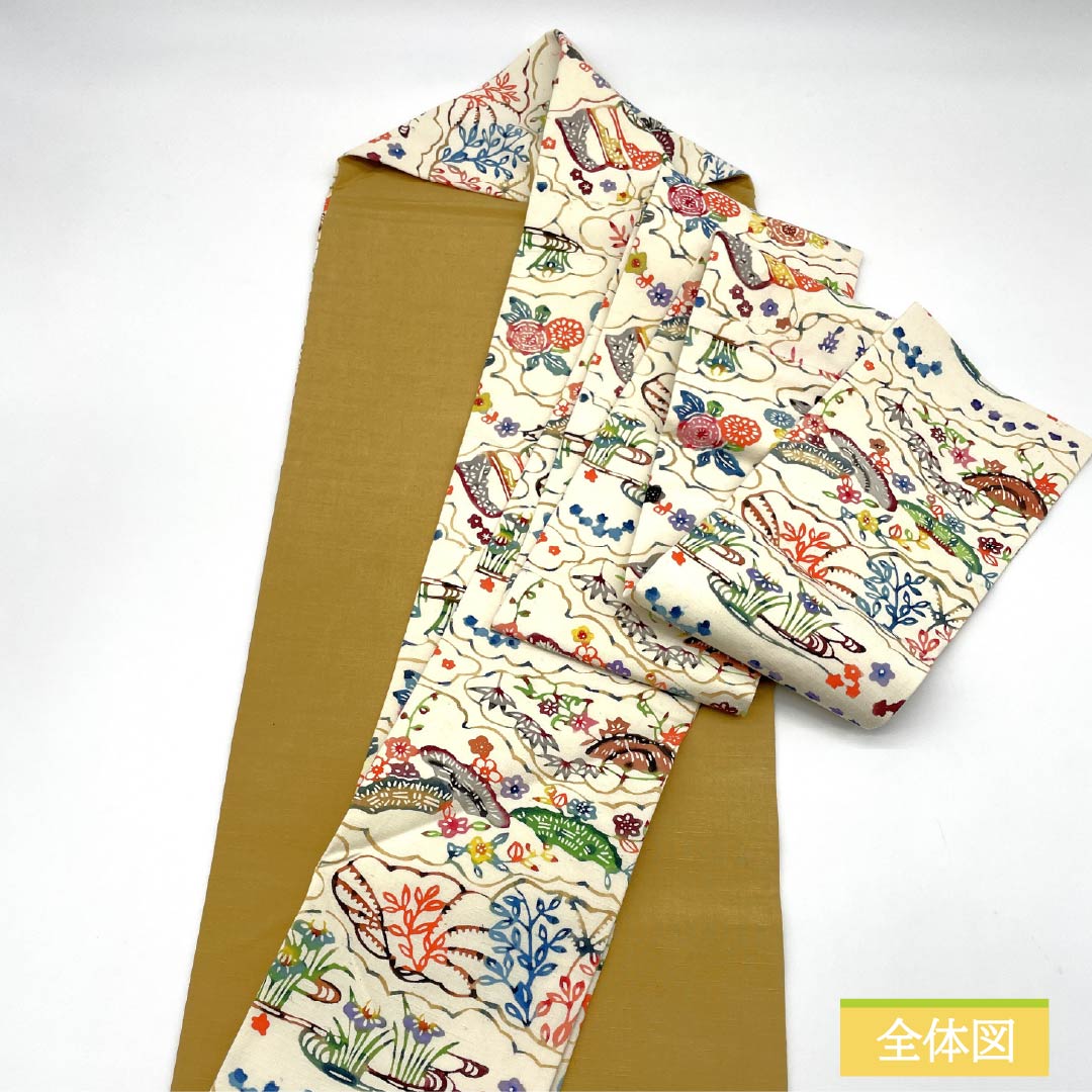 名古屋帯 生成り色（きなりいいろ） 京紅型 遠山 花模様 帯丈402cm 正絹 Aランク 全通 カジュアル クリーム系 1124008033415 名古屋仕立て