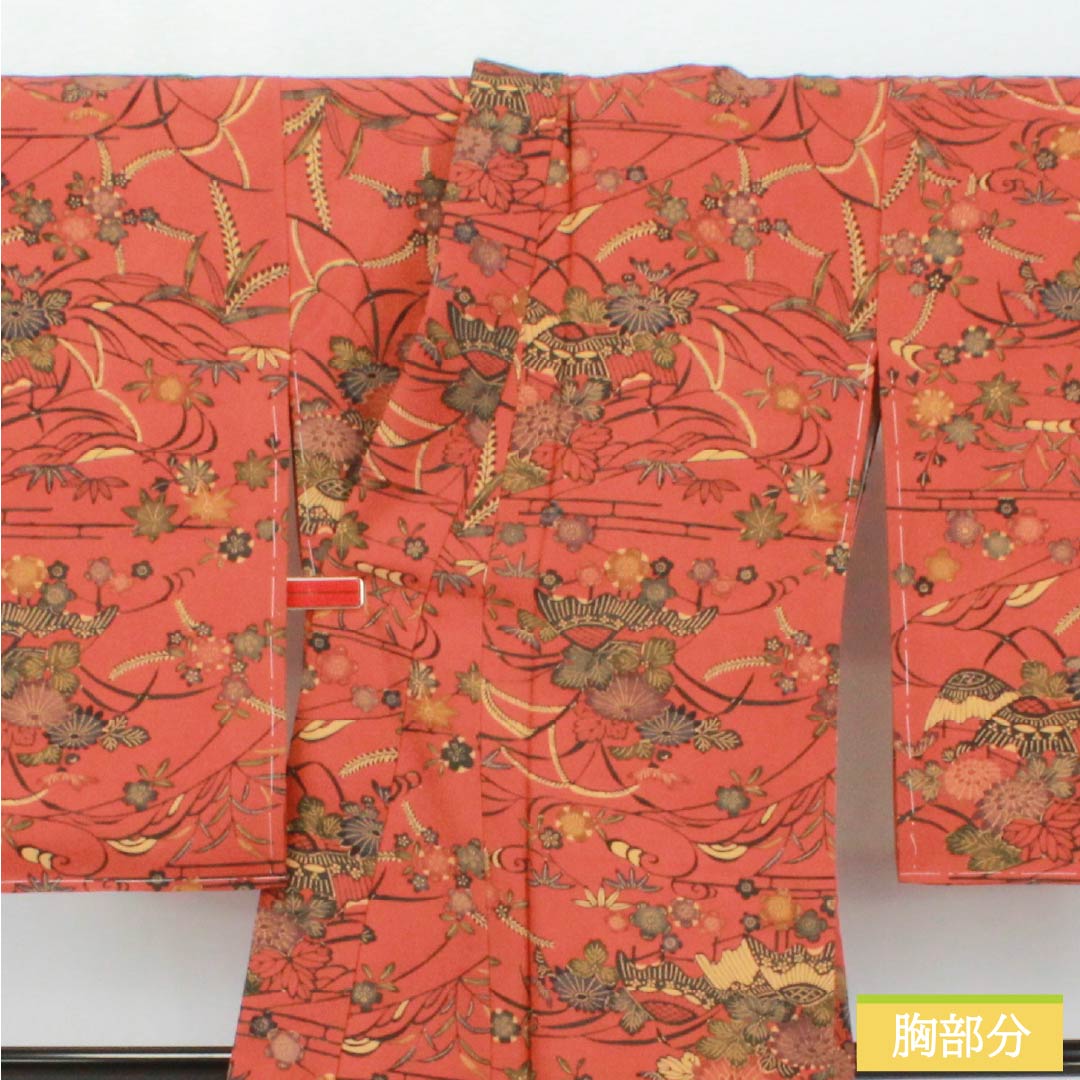 Small-patterned kimono, polyester, S rank, length 169.5cm, sleeve length 67cm, lined, scarlet copper (hidoushoku) color, stencil-dyed floral pattern, with basting thread, washable, brown, 1115007112514