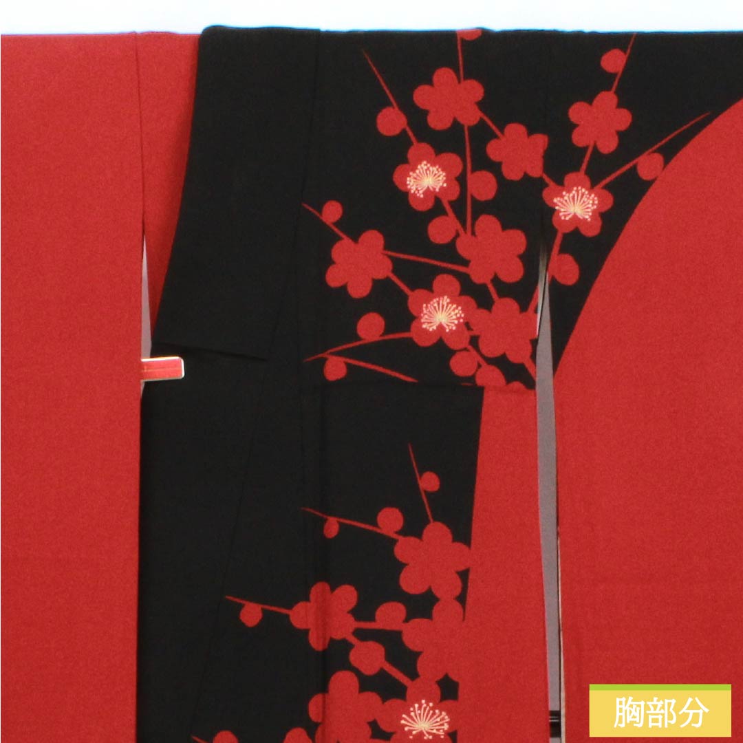 Furisode Silk A Rank Length 156.5cm Sleeve length 64cm Lined Sho-enji-iro (Deep Carmine) Kyo-Yuzen Stencil Dyed Plum Modern Sawaya Guard Red 1113002943312