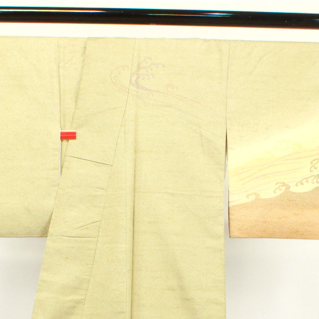 訪問着 正絹 袷 身丈164.5cm 裄丈65cm 蝋色 紬地 波 Aランク ベージュ系 1112003003425