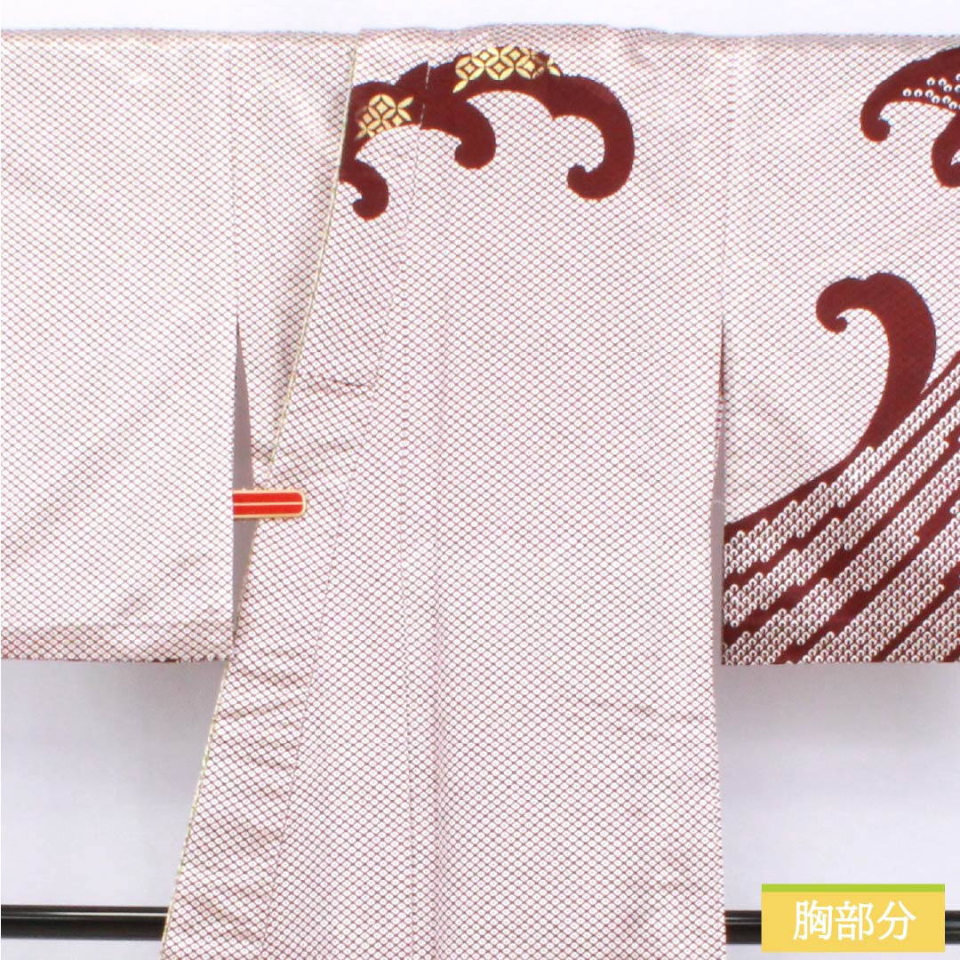 Homongi (visiting kimono), polyester, grade A, single layer, length 162cm, sleeve length 66.5cm, mokuranjiki (mokuran-jiki) pattern with wave design, shippo (cloisonne) pattern, with half-collar, washable, red, product number 1112006963412