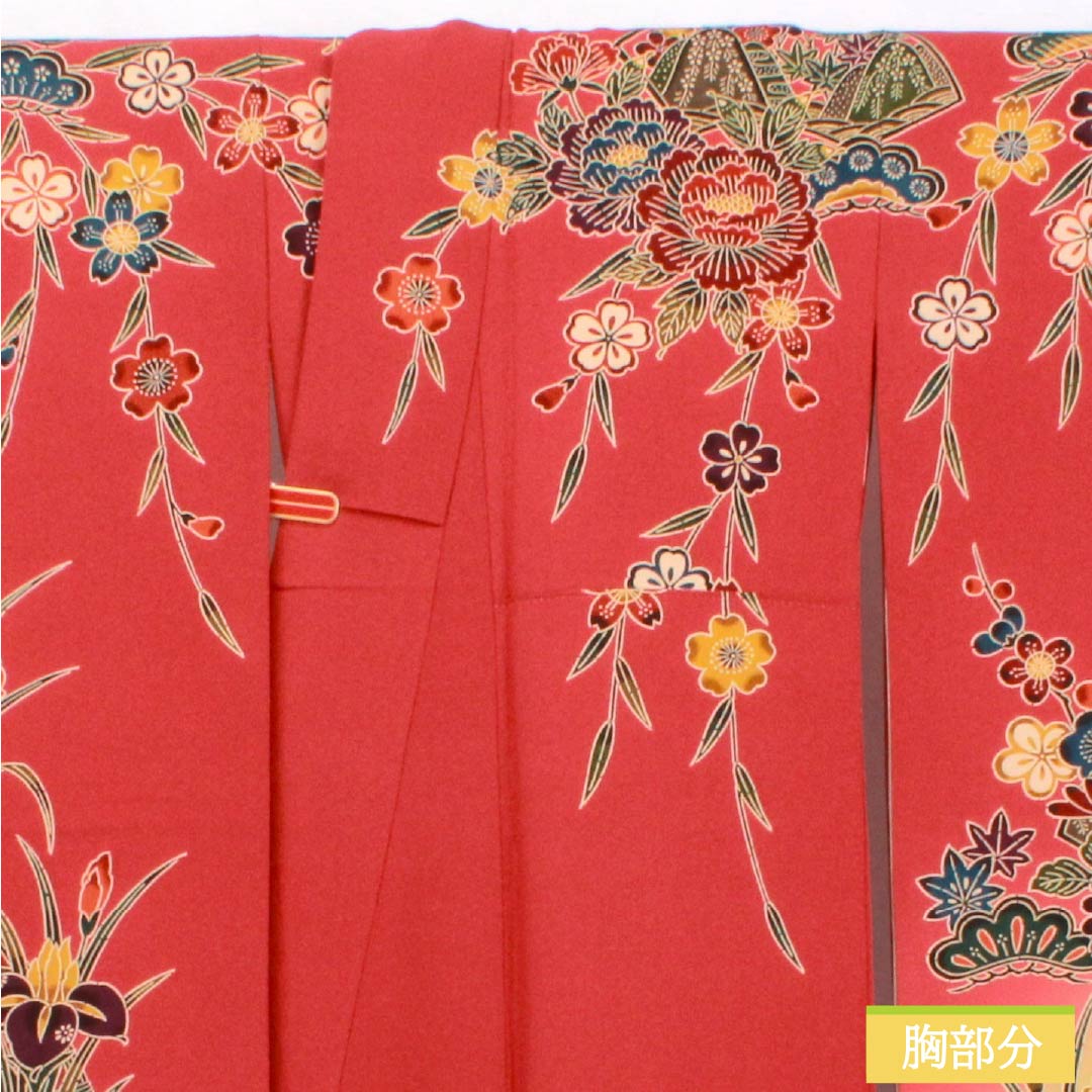 振袖 正絹 Sランク 身丈162.5cm 裄丈68cm 袷 紅絹色（もみいろ） 京紅型 吉祥文様 草花 扇面 流水 赤系 1113002672412