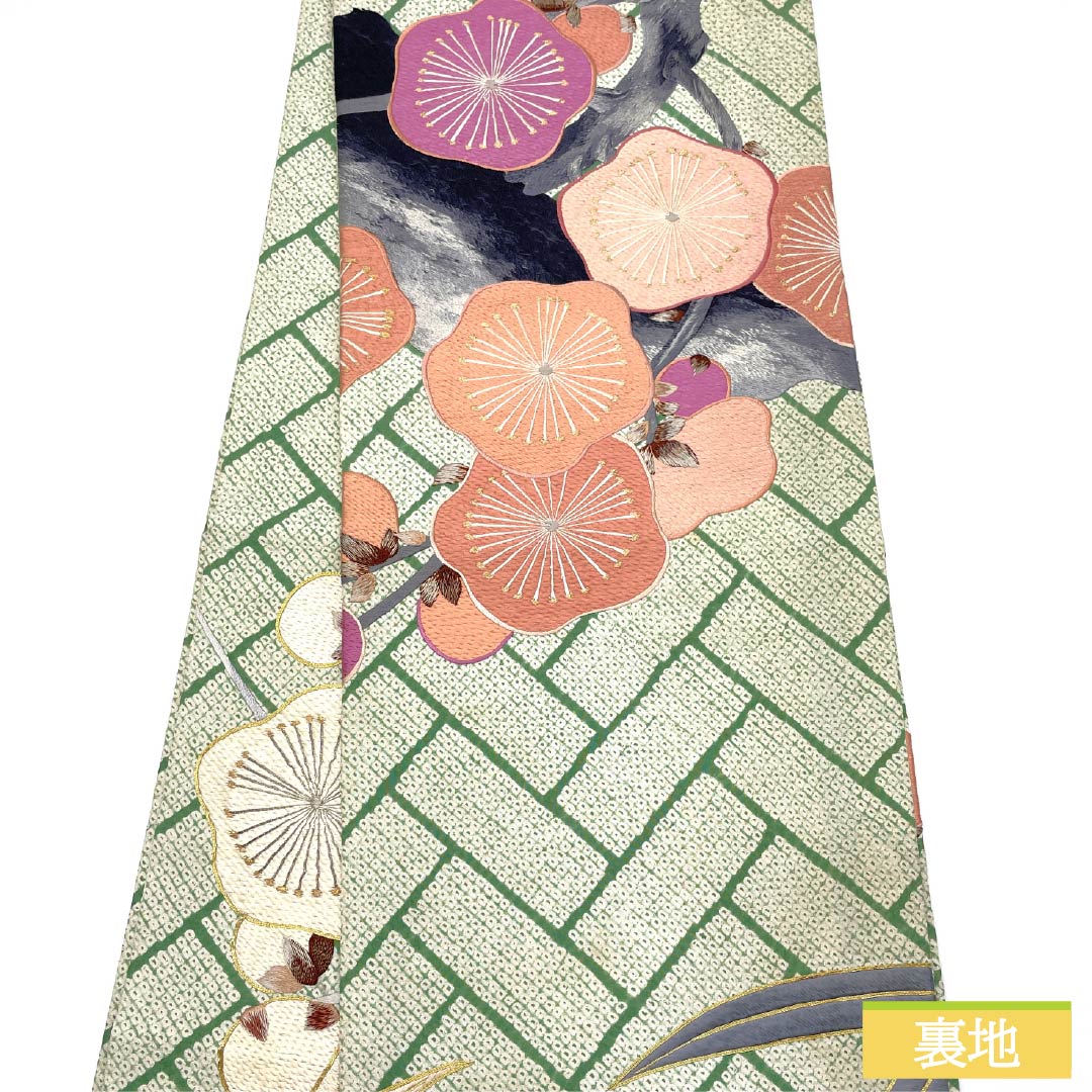 （丸帯）袋帯 正絹 琅玕色（ろうかんいろ） 絞り ビンテージ 刺繍 笹 帯丈404cm Bランク ポイント柄 セミフォーマル 緑系 1123014604319