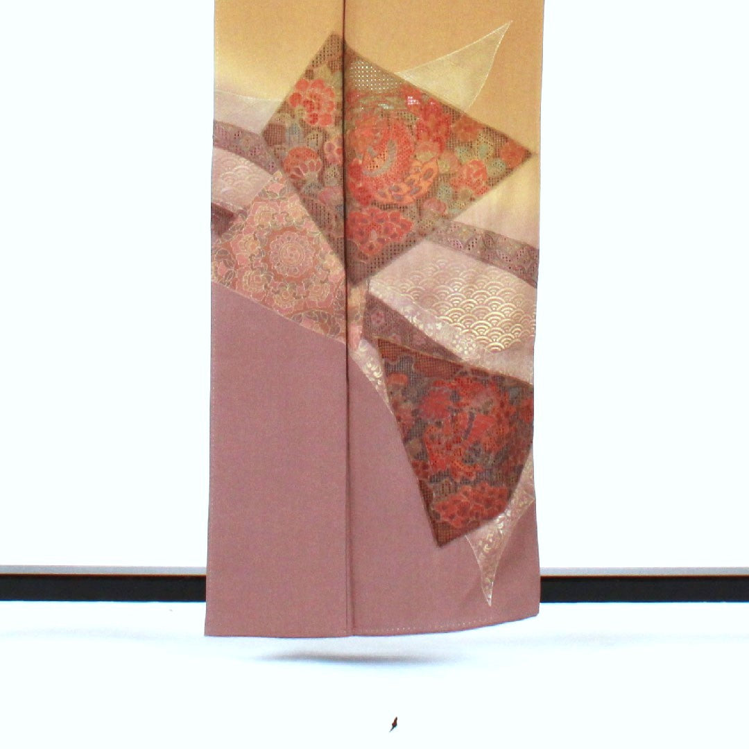 訪問着 袷 身丈159cm 裄丈62cm 汕頭刺繡 相良刺繡 黄土色 正絹 Aランク 黄系 1112001463323