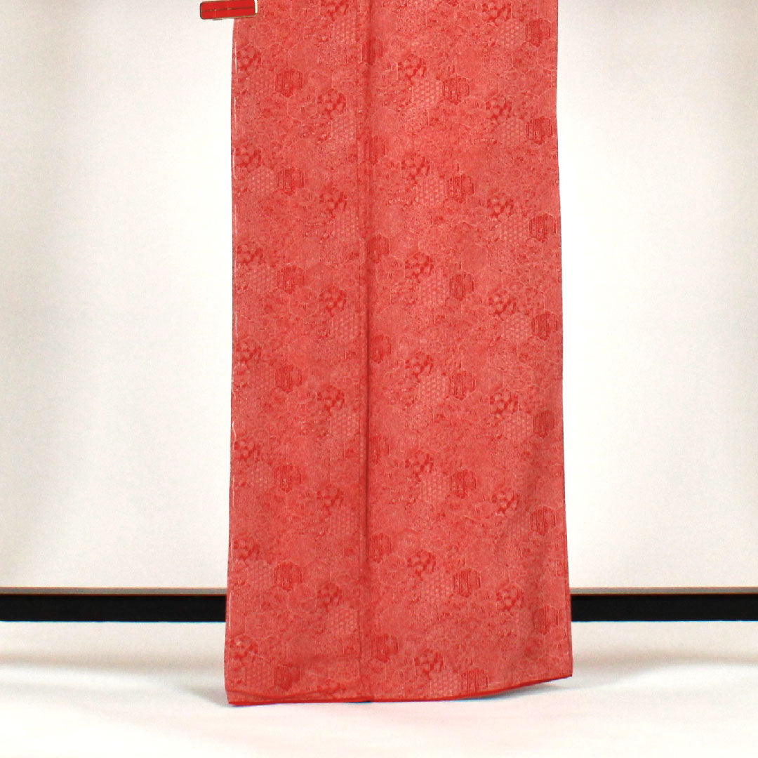 Komon, Length 164cm, Sleeve length 64cm, Awase, Butterfly and peacock feathers, Pure silk, S rank, Vermilion, 1115000572316