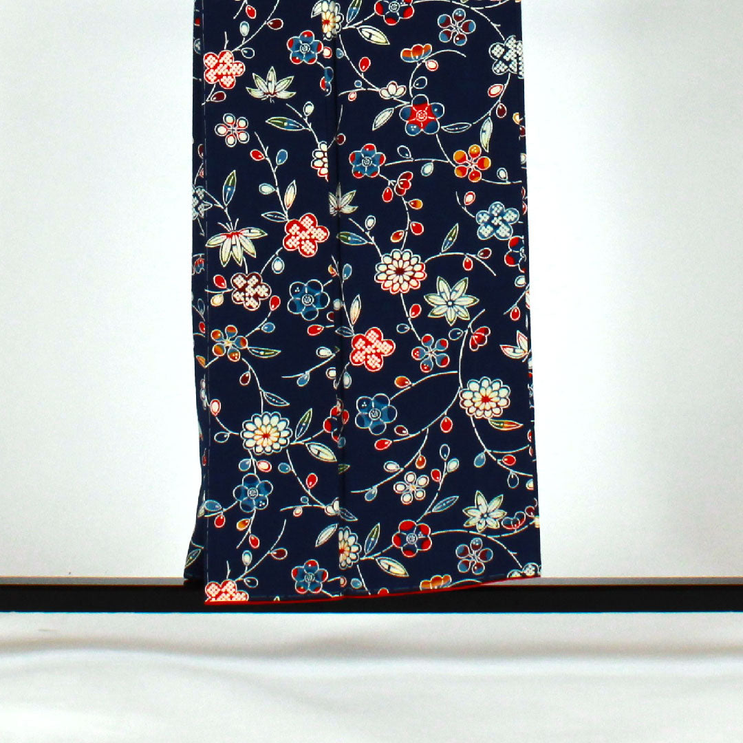 小紋 身丈155cm 裄丈62cm 袷  京紅型 松竹梅 花模様  正絹 Sランク 紺系 1115001202318