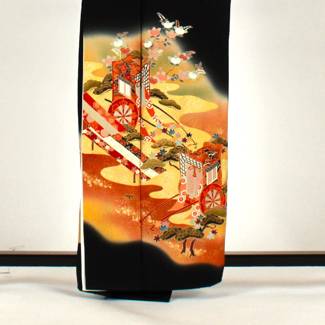 黒留袖 身丈161.5cm 裄丈64cm 袷 京友禅 御所車 木瓜 正絹 Sランク 五つ紋 黒系 1111000272410
