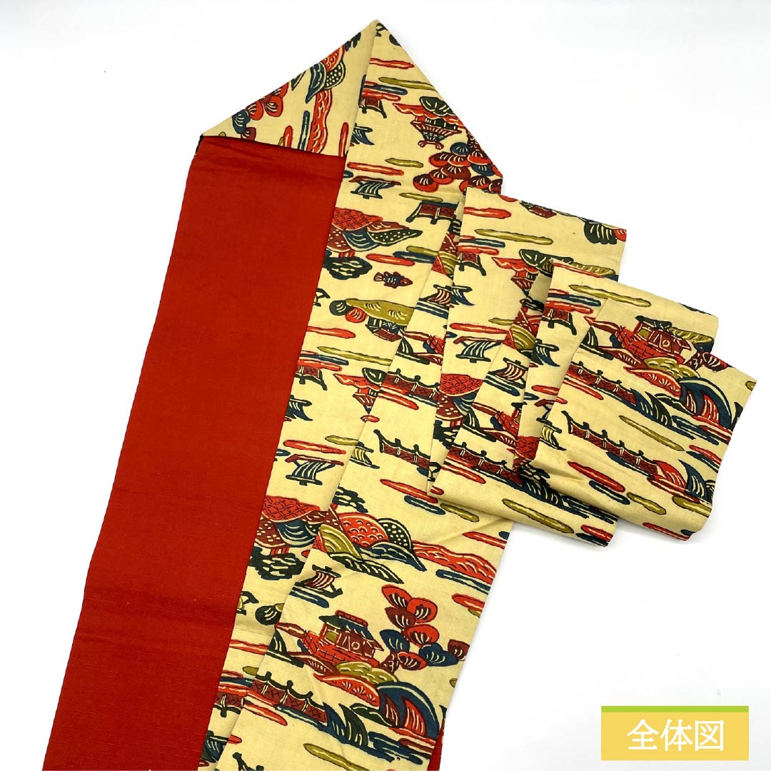 名古屋帯 淡黄色色（たんこうしょくいろ） 京紅型 風景模様 魚 帯丈356cm 正絹 Sランク 全通 カジュアル 黄系 1124007362323 名古屋仕立て