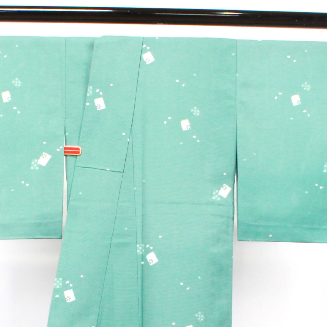Summer kimono, polyester, small pattern, length 158.5cm, sleeve length 62cm, flower green-blue color, washable kimono, cherry blossom petals, silk, S rank, green, 1132001692319