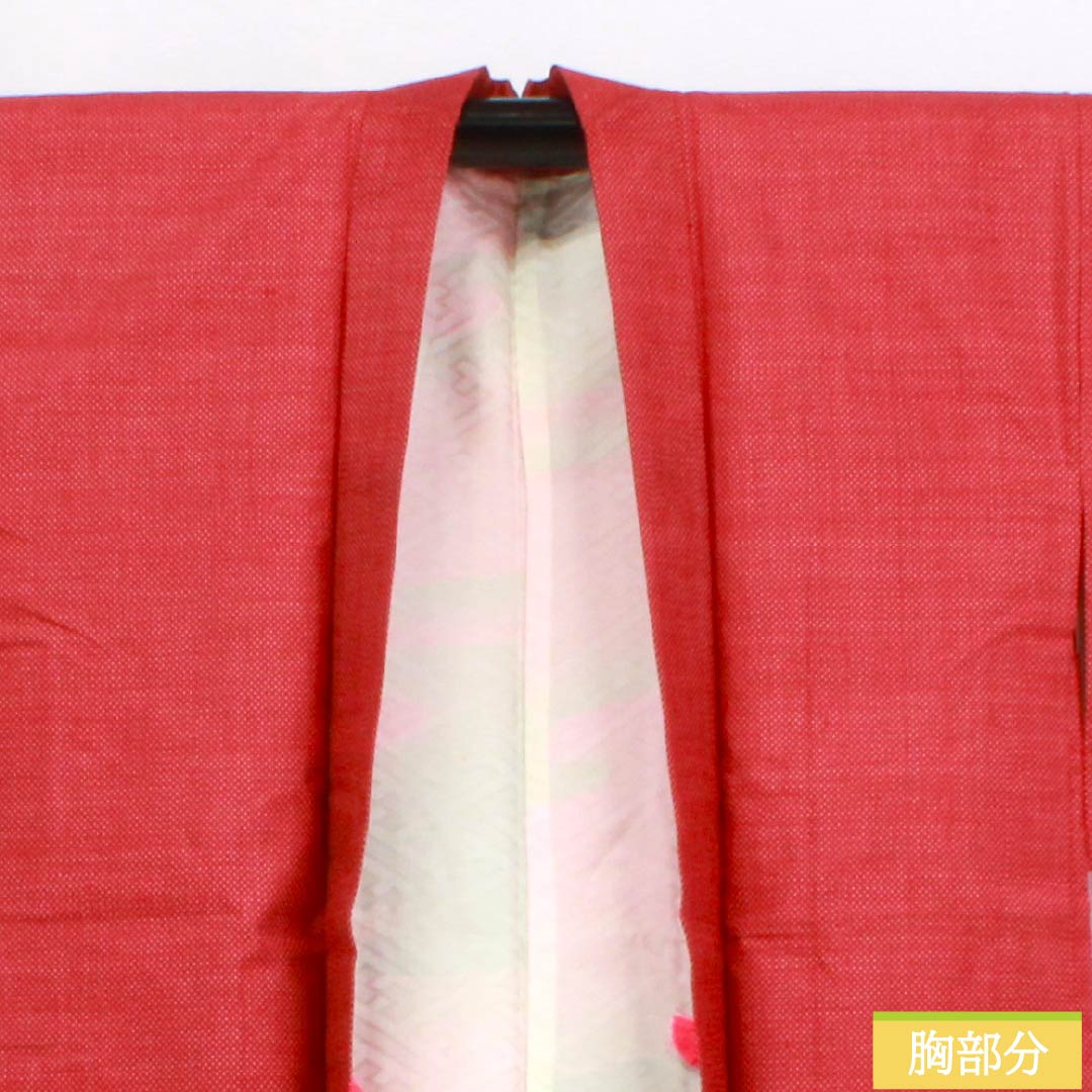 Haori (Japanese traditional kimono jacket) made of pure silk, grade A, length 79cm, sleeve length 63.5cm, madder red (akaneiro) color, kasuri pattern, tsumugi fabric, with haori cord, lined, red, 1117001283912