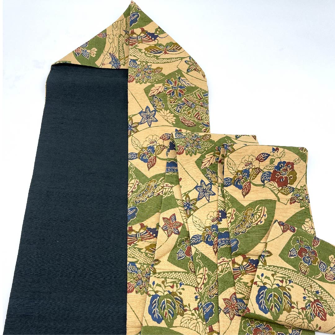 名古屋帯 薄柿色 古典柄 扇面に松竹梅 鳥 蝶 帯丈382cm 正絹 Aランク 全通 カジュアル ベージュ系 1124004613325  名古屋仕立て