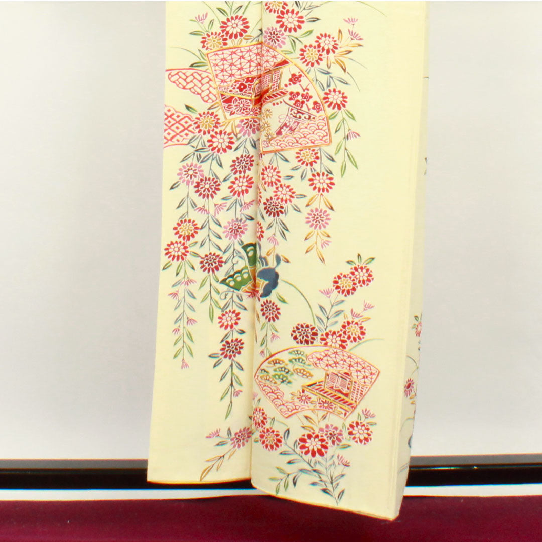 Homongi, lined, length 159cm, sleeve length 62.5cm, Torinoko color, Kyoto Bingata, floral pattern, pure silk, A rank, cream color, 1112001943315