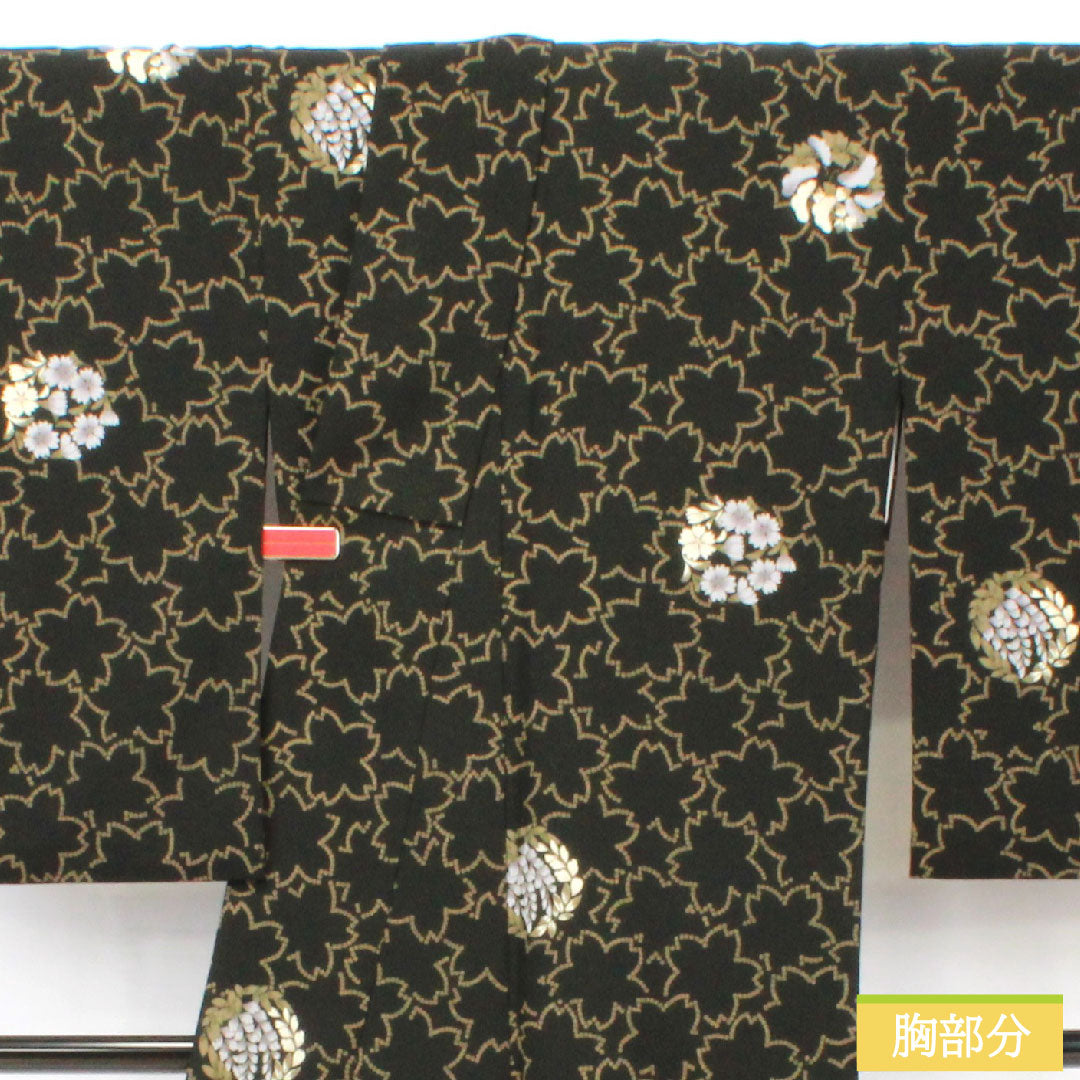 Small pattern, polyester, length 166.5cm, sleeve length 67cm, lined, washable kimono, cherry blossom, floral pattern, S rank, black, 1115004952510