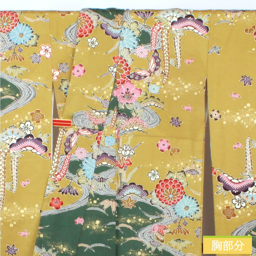Furisode (long-sleeved kimono) made of pure silk, grade A, length 168cm, sleeve length 68cm, lined, rapeseed oil color (natane-aburairo), Kyoto Yuzen sash pattern, Keicho pattern, yellowish pongee fabric, product number 1113002523523