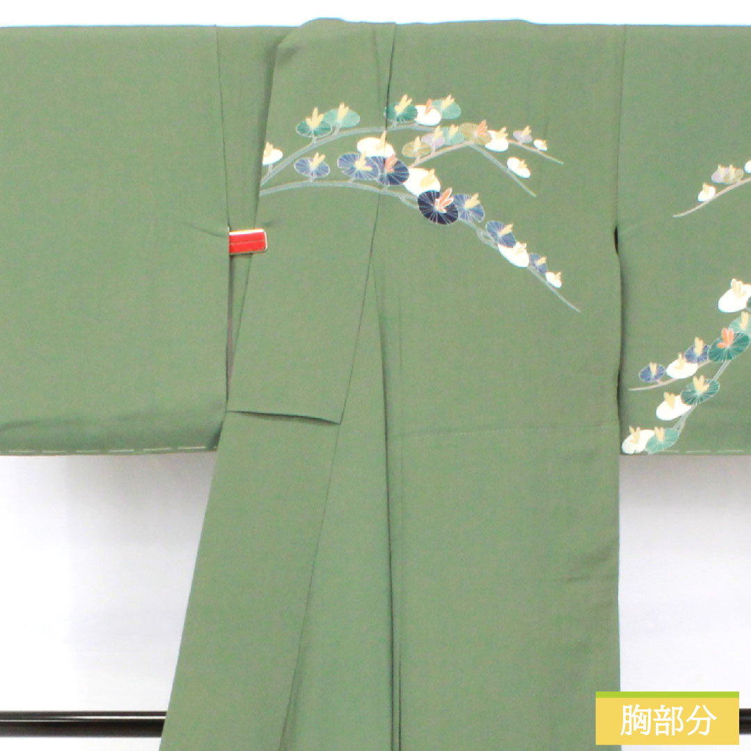 Homongi, pure silk, lined, length 146.5cm, sleeve length 60cm, rokan-iro, Kyoto yuzen, abstract pattern, basting thread included, unused, S rank, green, 1112005102119