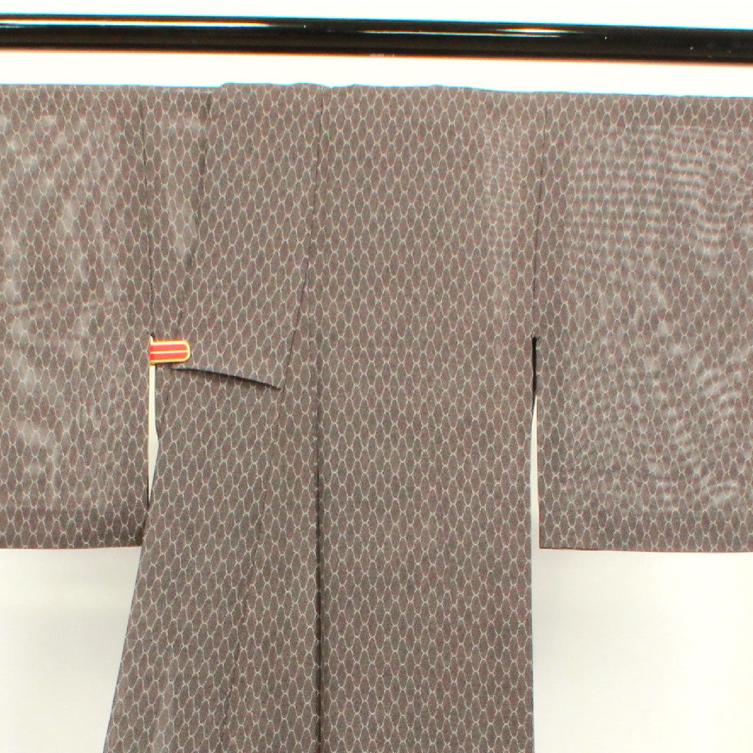 Summer pure silk komon kimono, length 160cm, sleeve length 63.5cm, dark grey, geometric pattern, silk, A rank, brown, 1132001673414