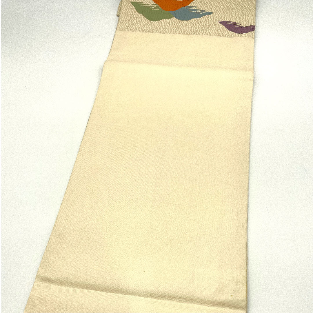 Nagoya obi, Living National Treasure Kitagawa Heiro, Honkaraori, Toyama pattern, obi length 369cm, pure silk, B rank, six-pass, casual, cream color, 1124001314315, open tailoring