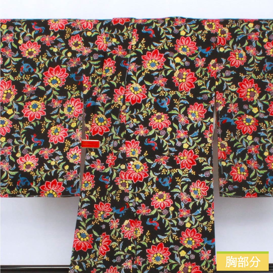 Komon (small pattern) kimono, pure silk, A-rank, length 160.5cm, sleeve length 66cm, lined, floral and bird motifs, black with basting thread, product number 1115007073410