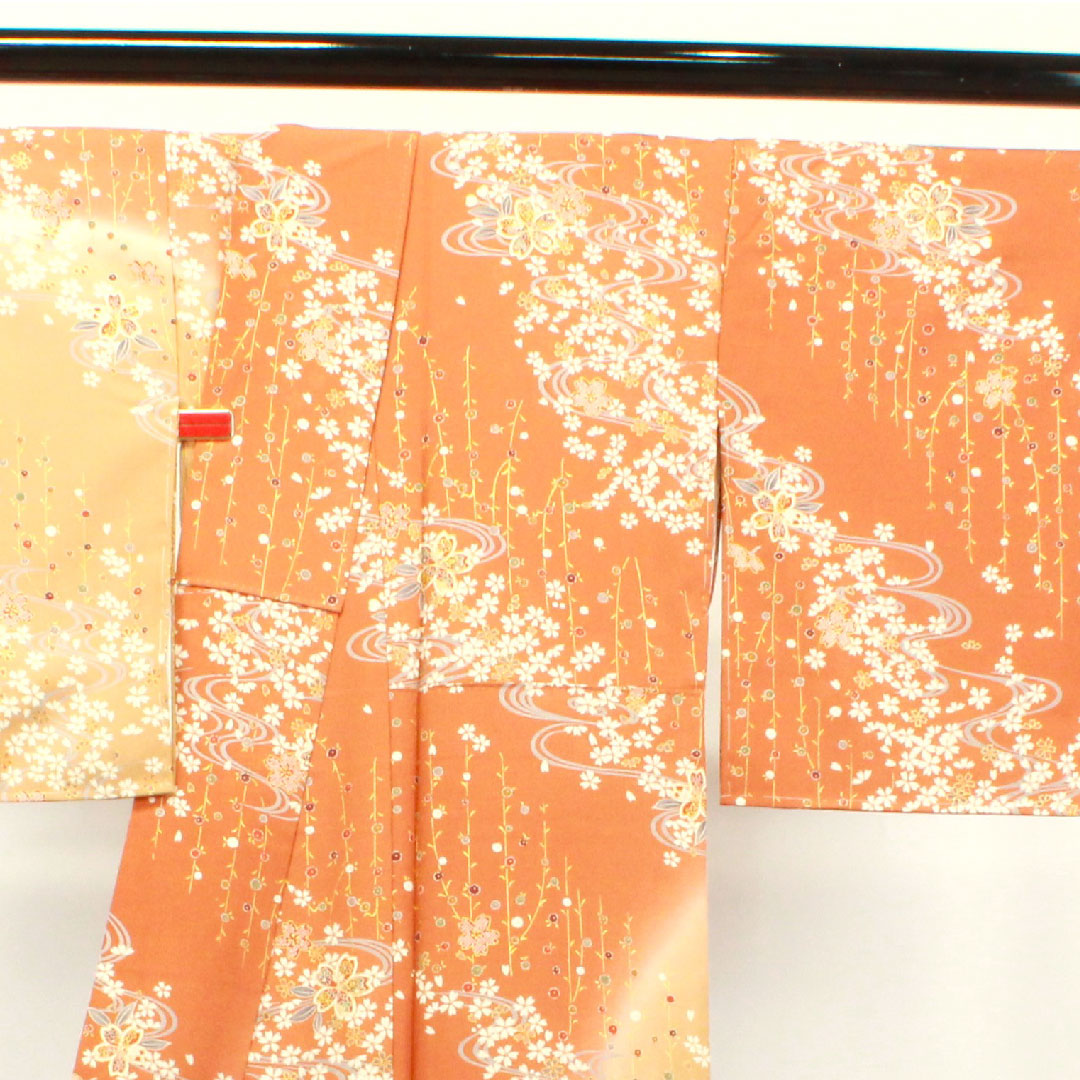 Homongi, pure silk, lined, length 159cm, sleeve length 64cm, Kyoto Yuzen, cherry blossom, with basting thread, unused, S rank, gradation, 1112003132399