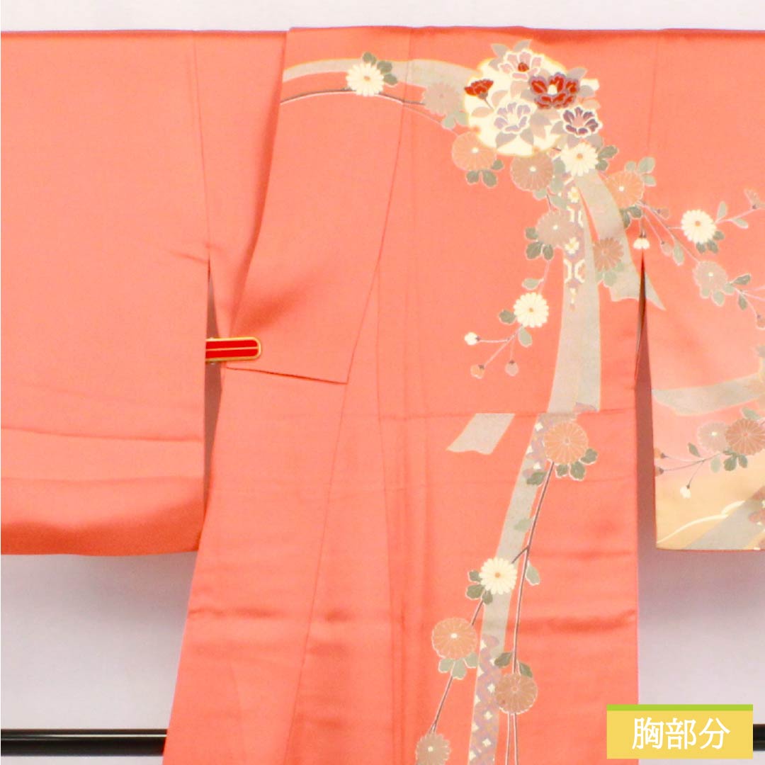Visiting Kimono, Pure Silk, Grade A, Lined, Length 160.5cm, Sleeve Length 65.5cm, Pomegranate Red (Ryuhuahon-iro) Design, Kyoto Yuzen Pattern, Snow Circle, Chrysanthemum, Tachibana, Sayagata Pattern, Pink, Item Number: 1112006233413